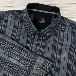 De-Niko Milano Men’s Large Blue Print Long Sleeve‎ Button Down Dress Shirt Artsy